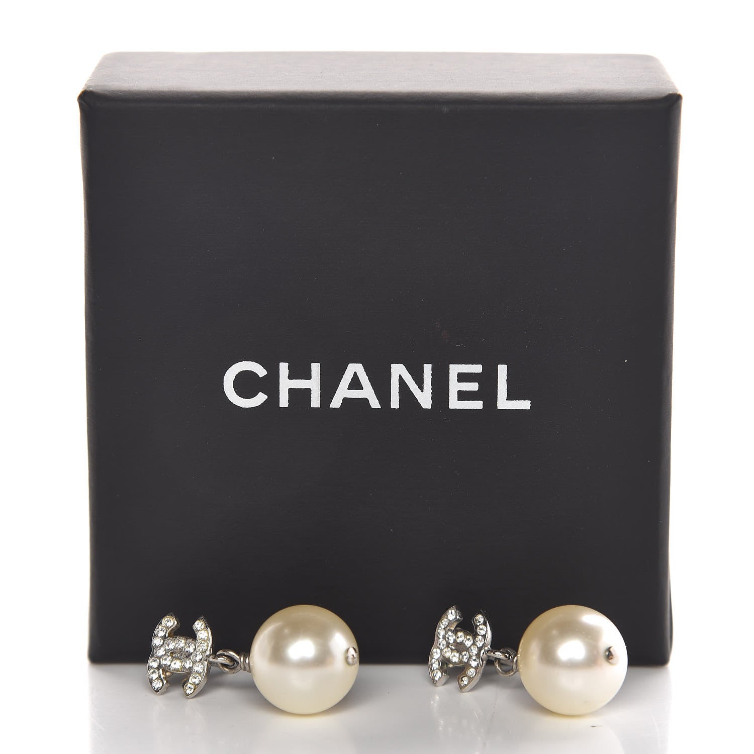 Chanel Crystal Pearl CC Drop Earrings Silver Pearly White 6 of 6