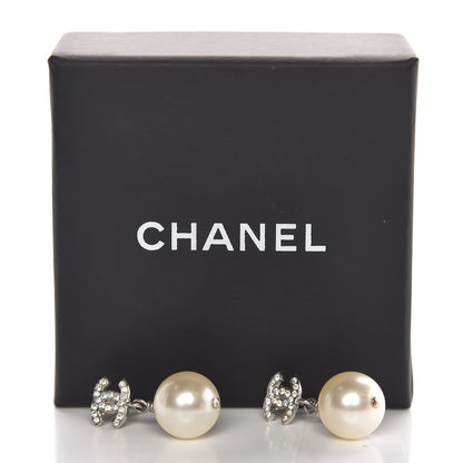 Chanel Crystal Pearl CC Drop Earrings Silver Pearly White 6 of 6