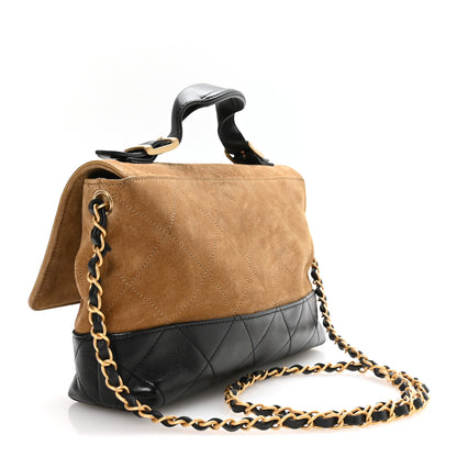 Chanel Suede Calfskin Shiny Lambskin Quilted Coco Base Flap Top Handle Bag  Beige Black 3 of 11