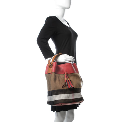 Burberry Grainy Calfskin Canvas Mega Check Medium Ashby Tassel Hobo Pink Azalea 2 of 11