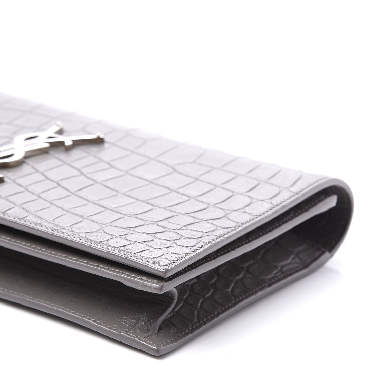 Saint Laurent Croc Embossed Calfskin Classic Kate Monogram Clutch Fog 7 of 9