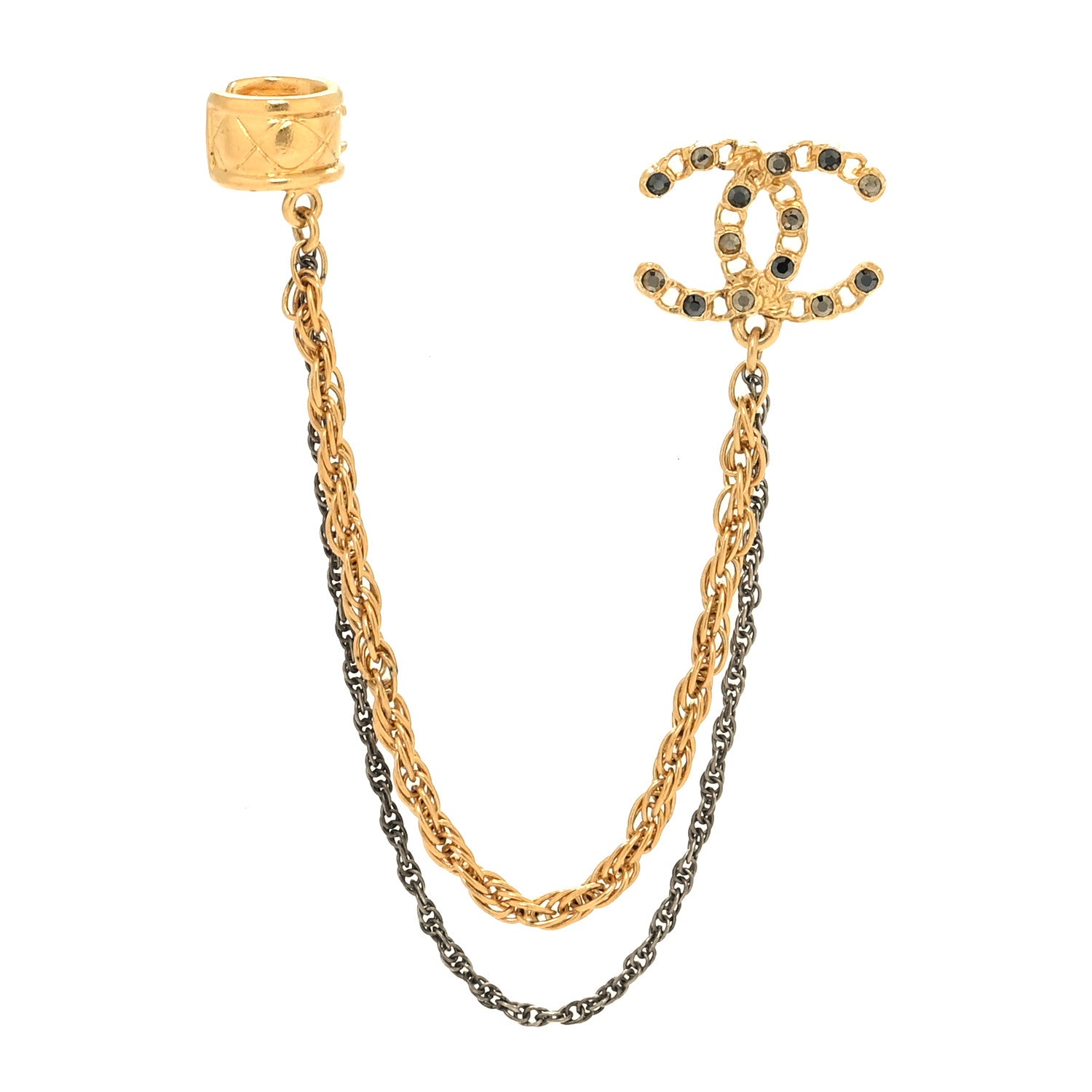 Chanel Crystal CC Chain Cuff Single Earring Gold Silver 1 of 4