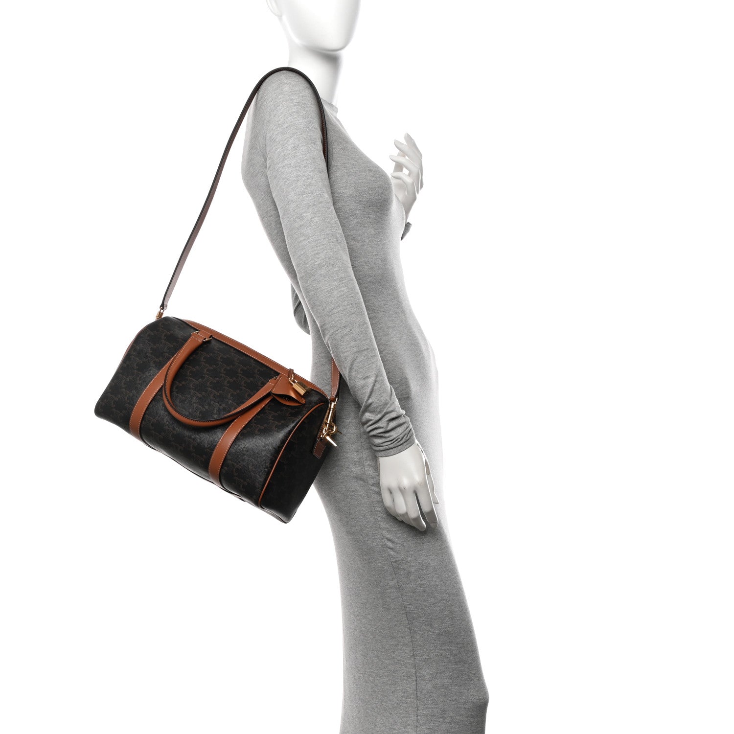 Celine Triomphe Canvas Calfskin Boston Bag Tan 2 of 11