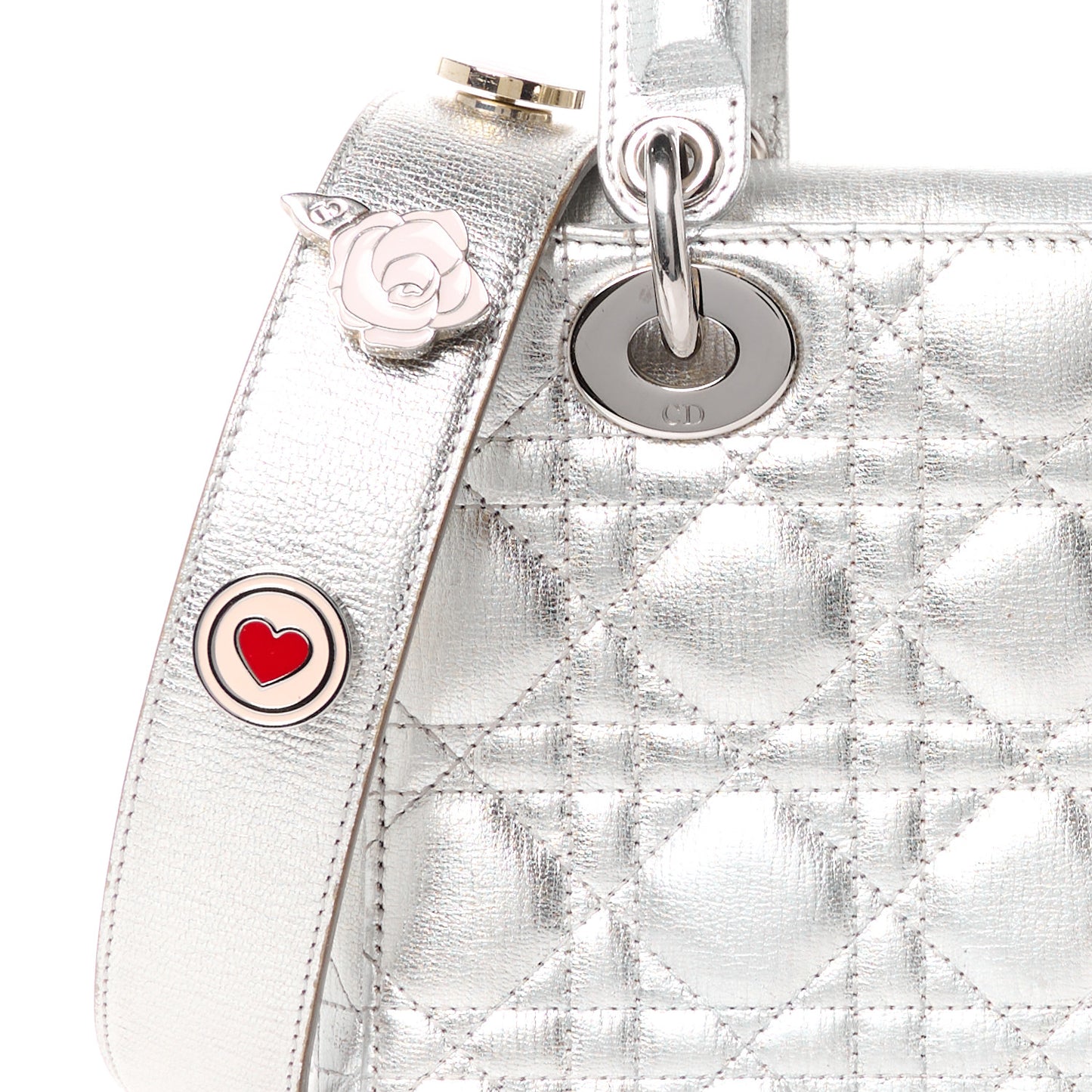 Metallic Grained Calfskin Cannage Small Lucky Badges My Lady Dior Silver
