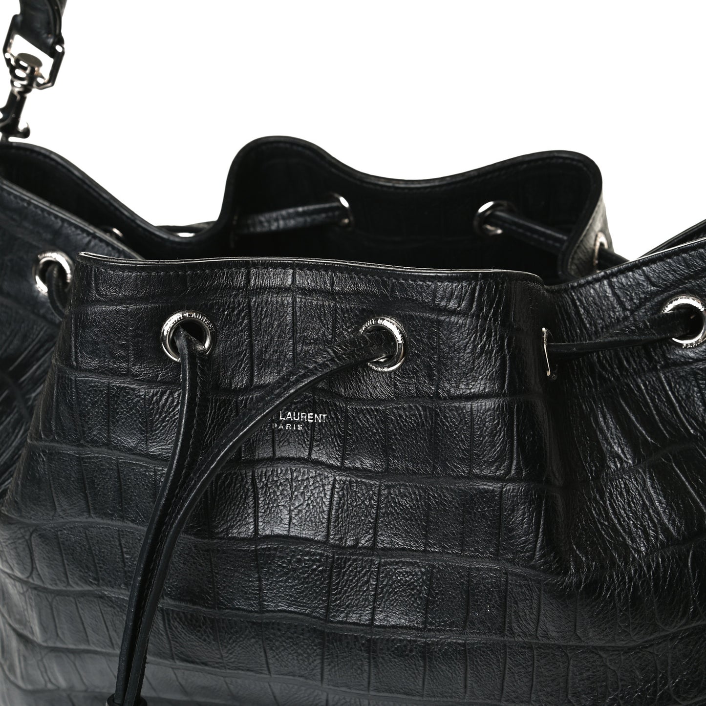 Calfskin Crocodile Embossed Large Emmanuelle Bucket Bag Black