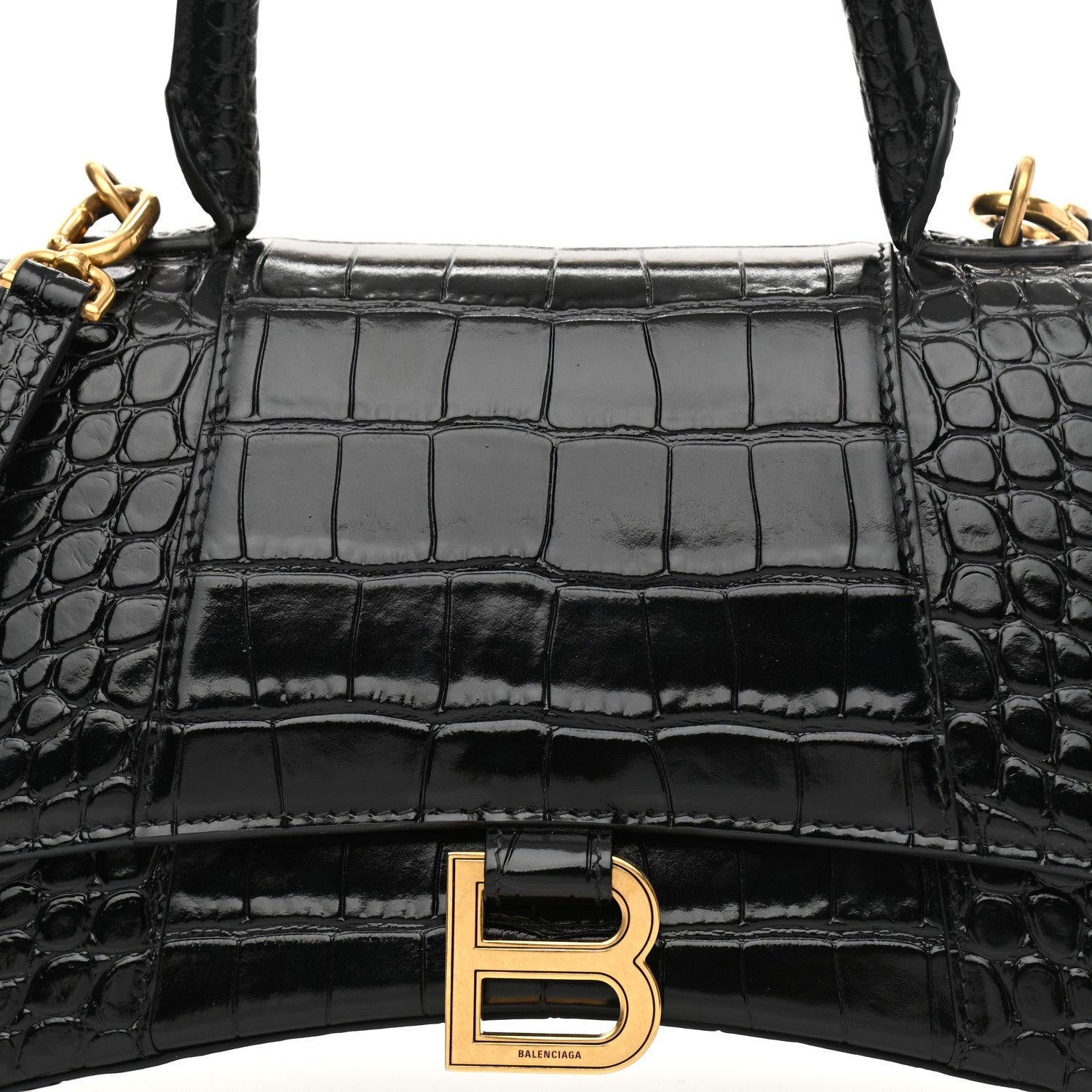 Balenciaga Shiny Calfskin Crocodile Embossed Small Hourglass Top Handle Bag Black 7 of 10