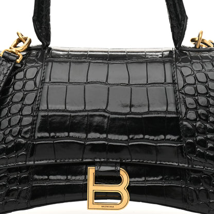 Balenciaga Shiny Calfskin Crocodile Embossed Small Hourglass Top Handle Bag Black 7 of 10