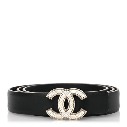 Chanel Calfskin Quilted CC Belt 75 30 Black White 1 of 11
