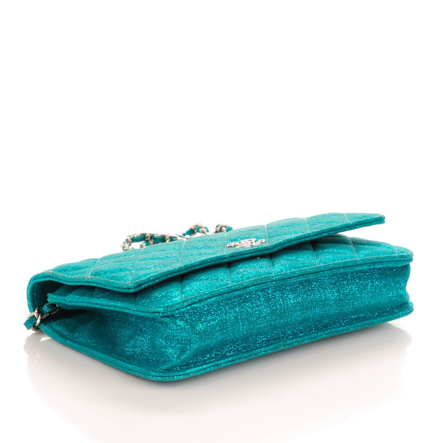 Metallic Calfskin Wallet on Chain WOC Turquoise
