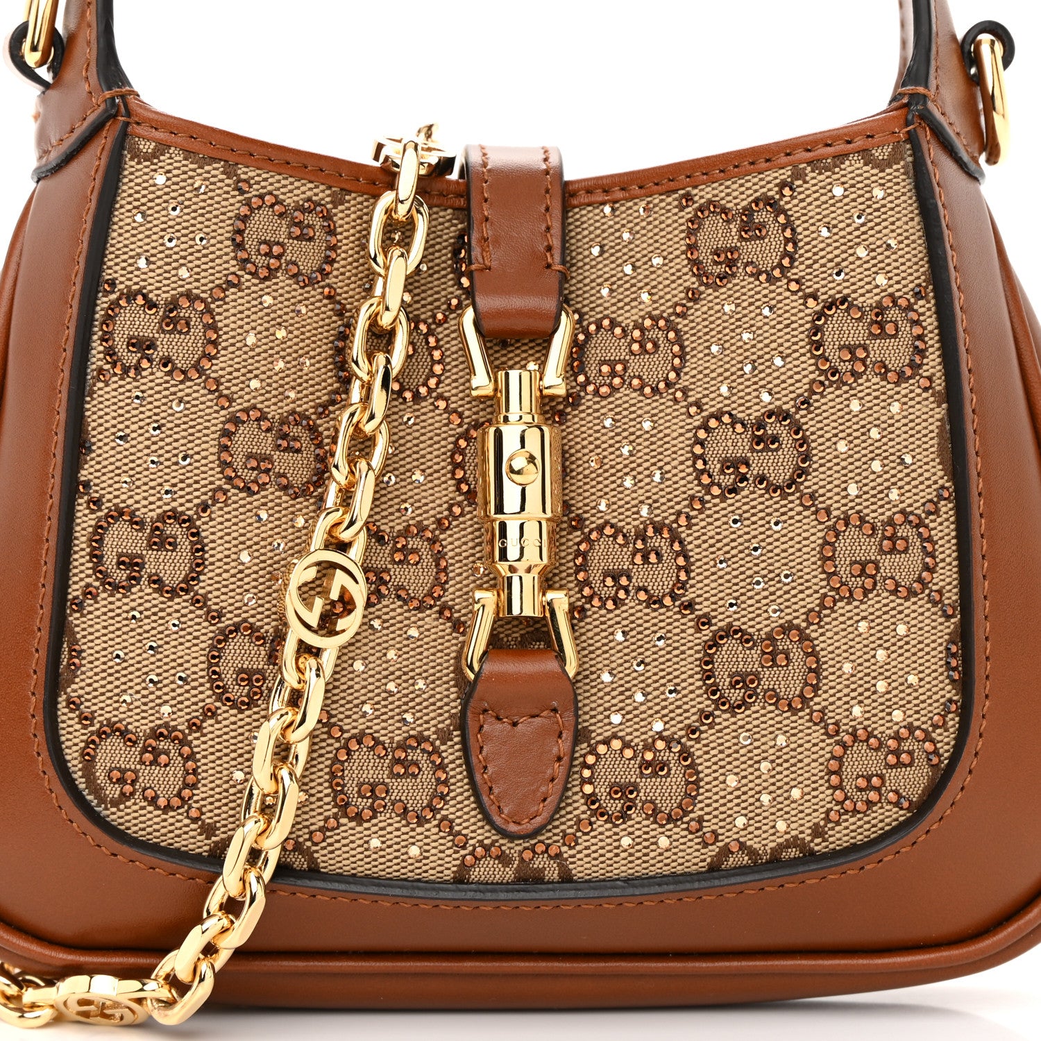 Gucci New Canvas Charisma Calfskin Crystal GG Monogram Mini Jackie 1961 Hobo Camel Ebony 8 of 12