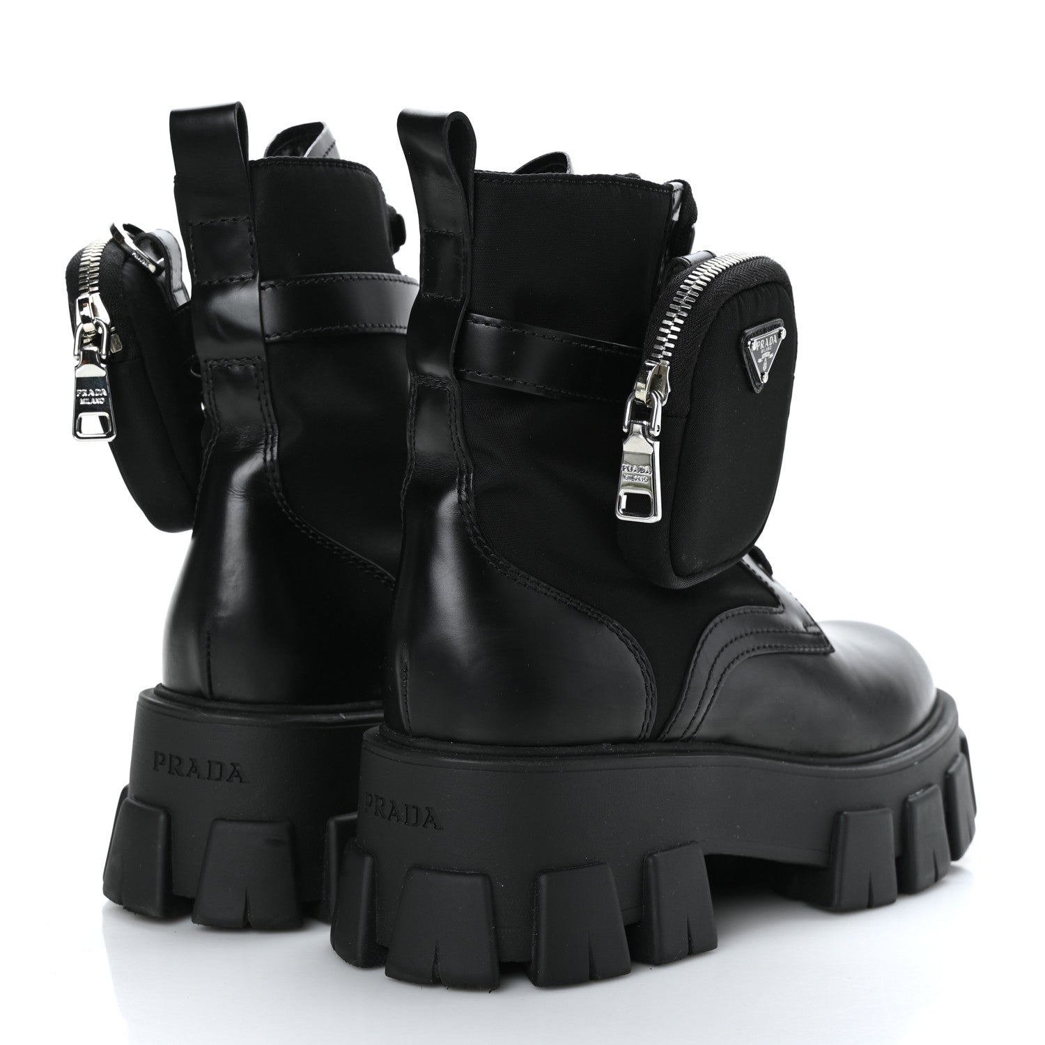 Prada Spazzolato Rois Nylon Metal Triangle Logo Monolith Pouch Pocket 55mm Boots 37.5 Black 4 of 9