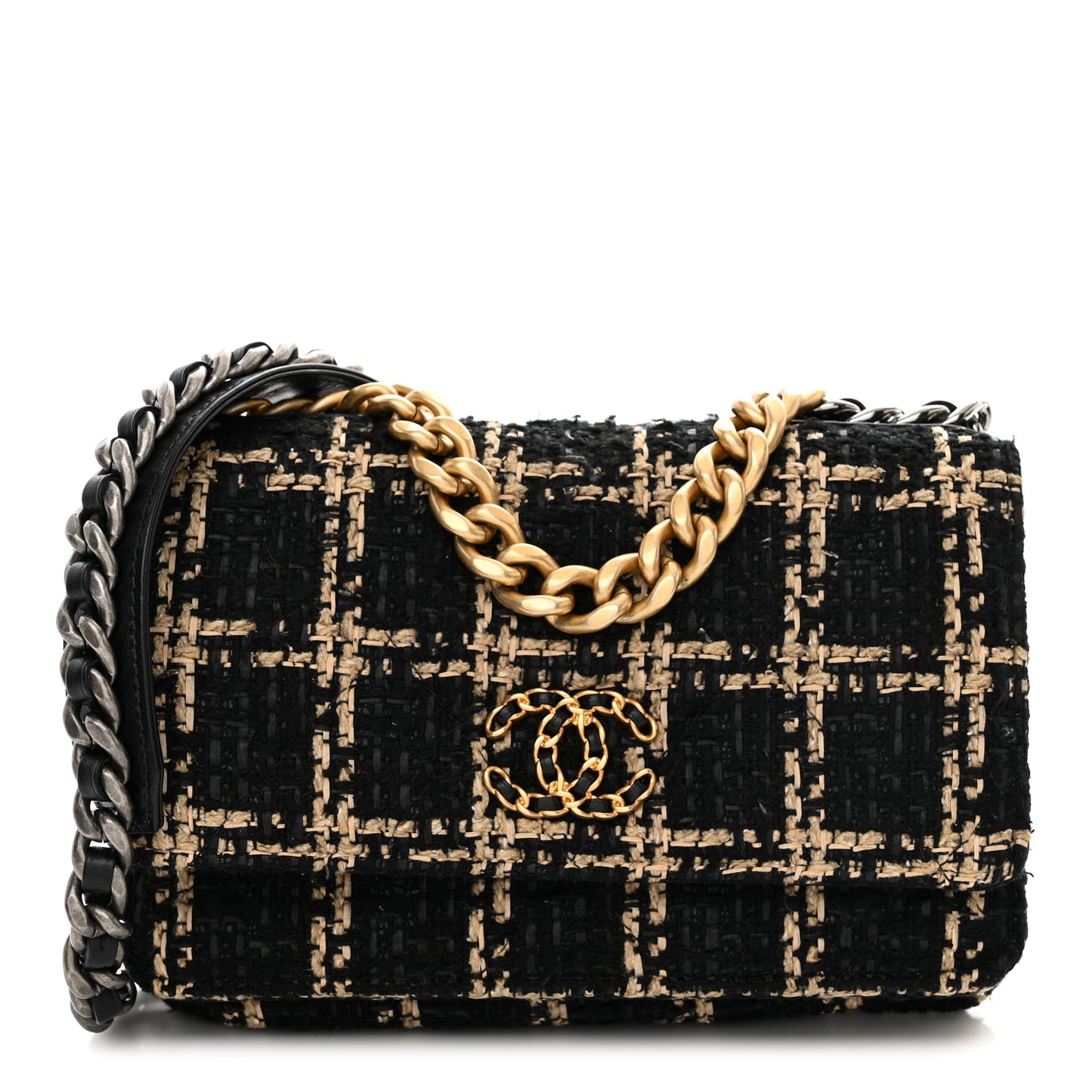 Tweed Quilted Chanel 19 Wallet On Chain WOC Black Beige