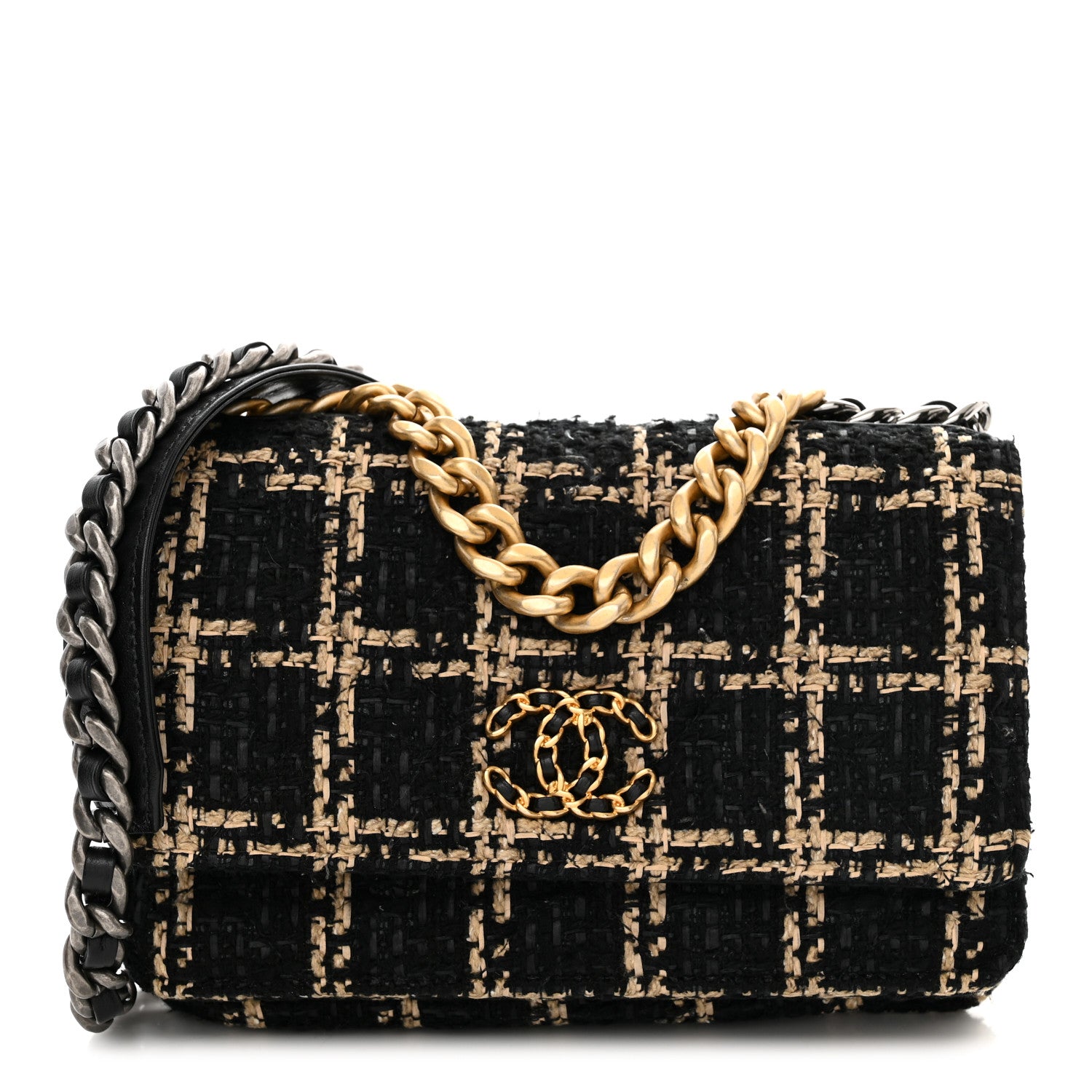Chanel Tweed Quilted Chanel 19 Wallet On Chain WOC Black Beige 1 of 11