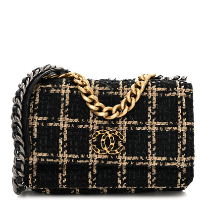 Chanel Tweed Quilted Chanel 19 Wallet On Chain WOC Black Beige 1 of 11