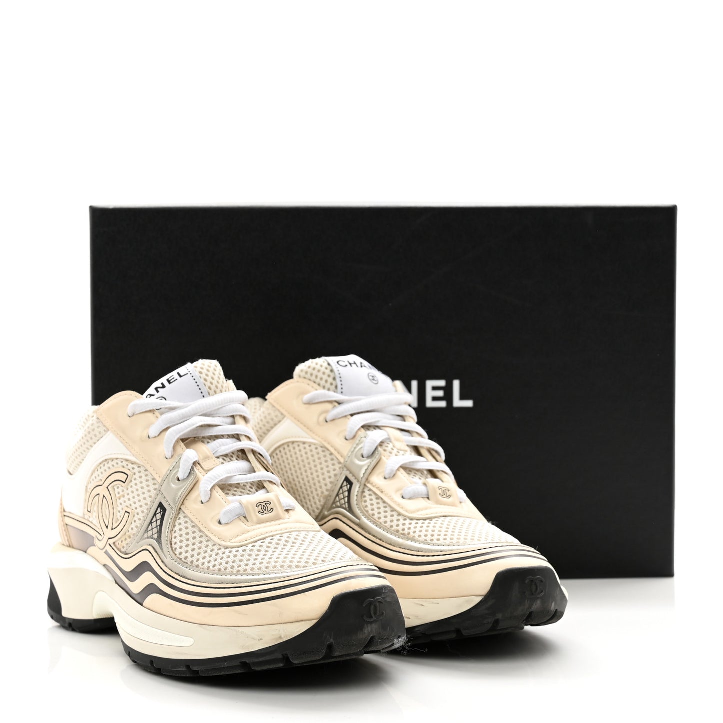 Fabric Laminated Calfskin Stretch CC Sneakers 35.5 White Gold Silver
