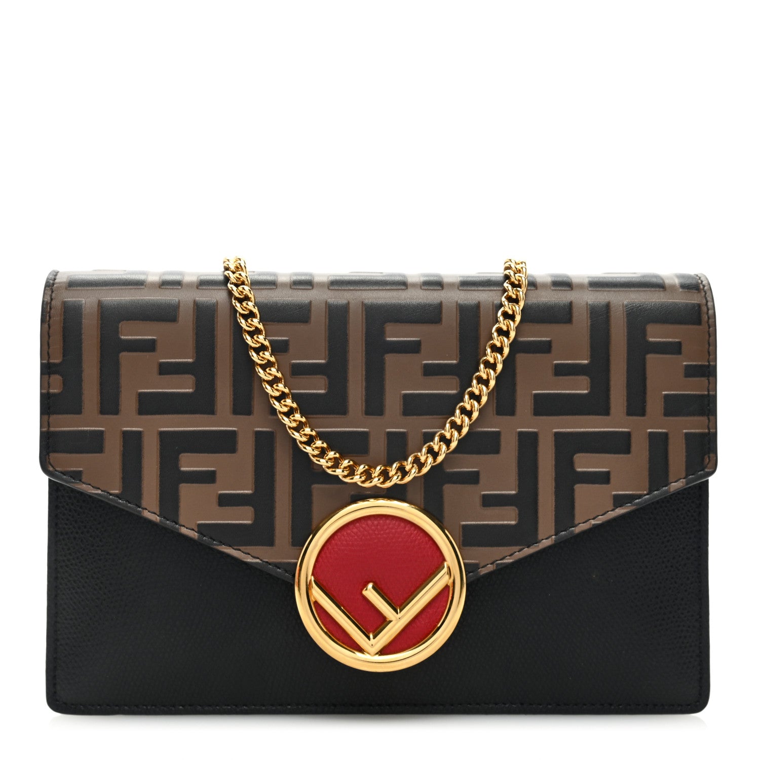 Fendi Vitello Cruise F is Fendi Bi-Color FF 1974 Embossed Medium Envelope Wallet On Chain Black Maya 1 of 9