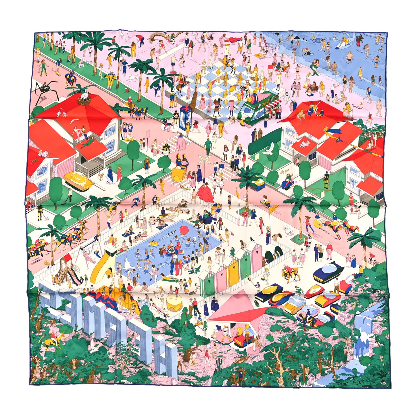 Silk On The Beach Scarf 90 Rose Vert Rouge