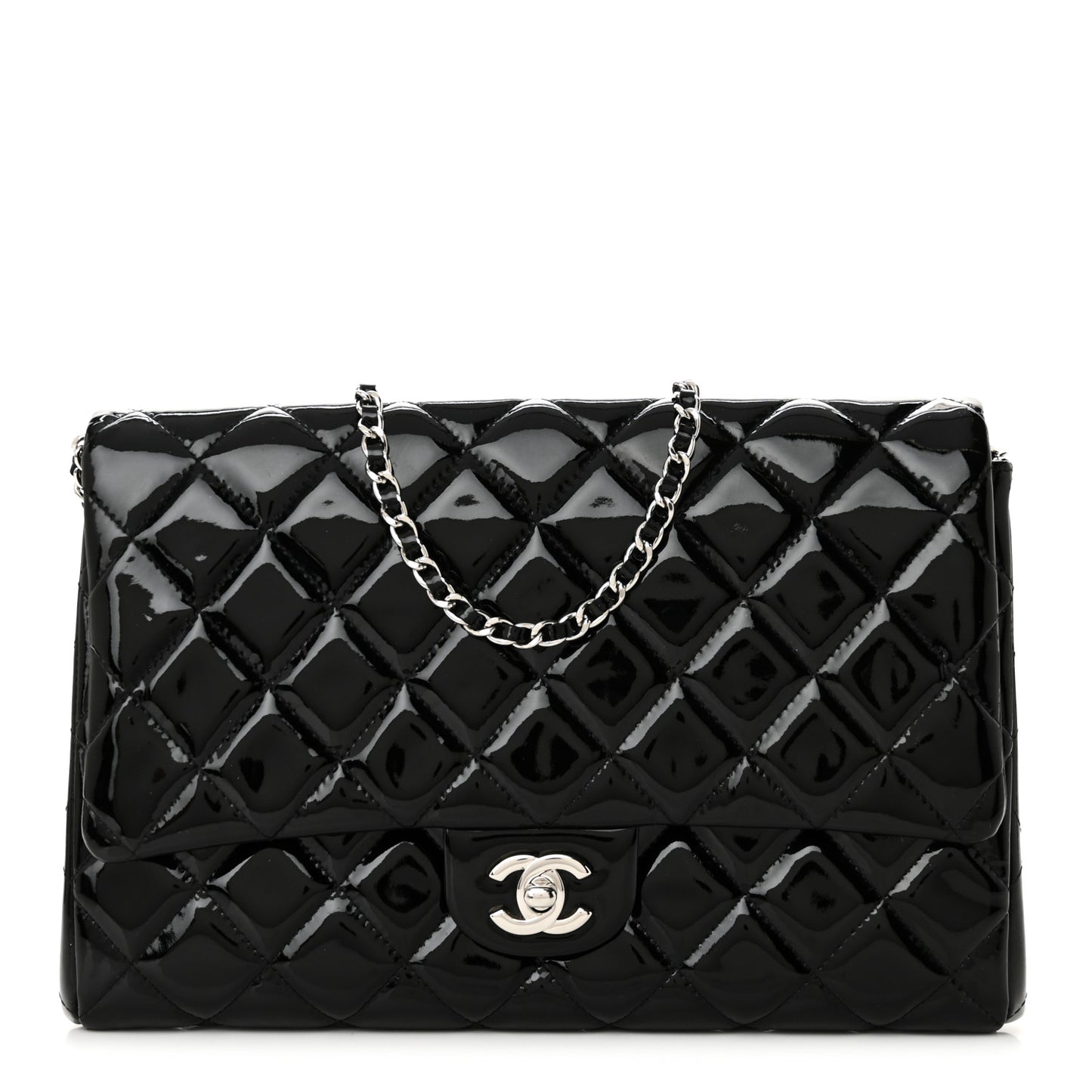 Patent Quilted Clutch with Chain Flap Black