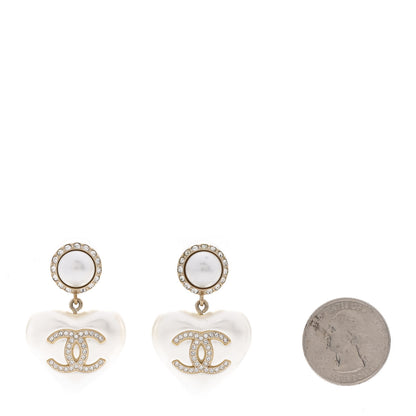 Chanel Pearl Crystal CC Heart Drop Earrings Gold 2 of 4