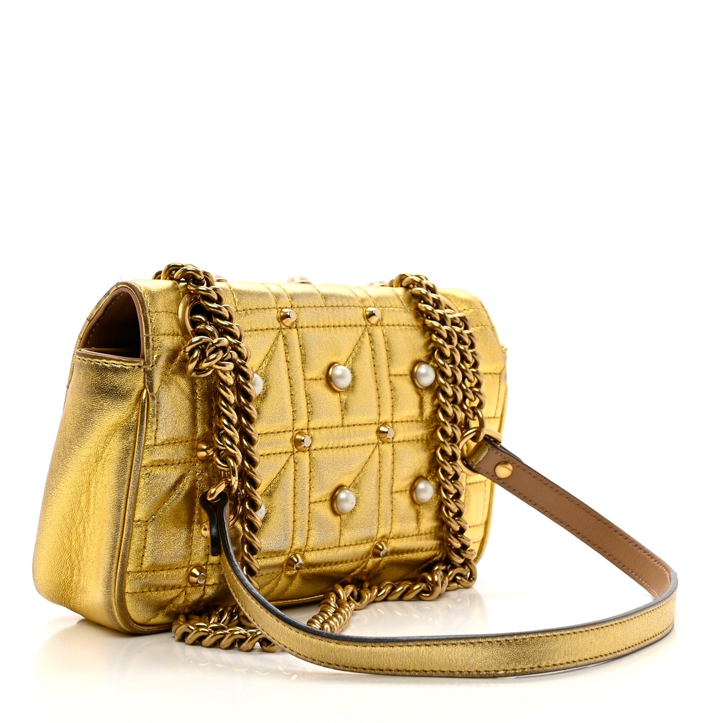 Metallic Calfskin Matelasse Studded Mini Pearly GG Marmont Shoulder Bag Gold