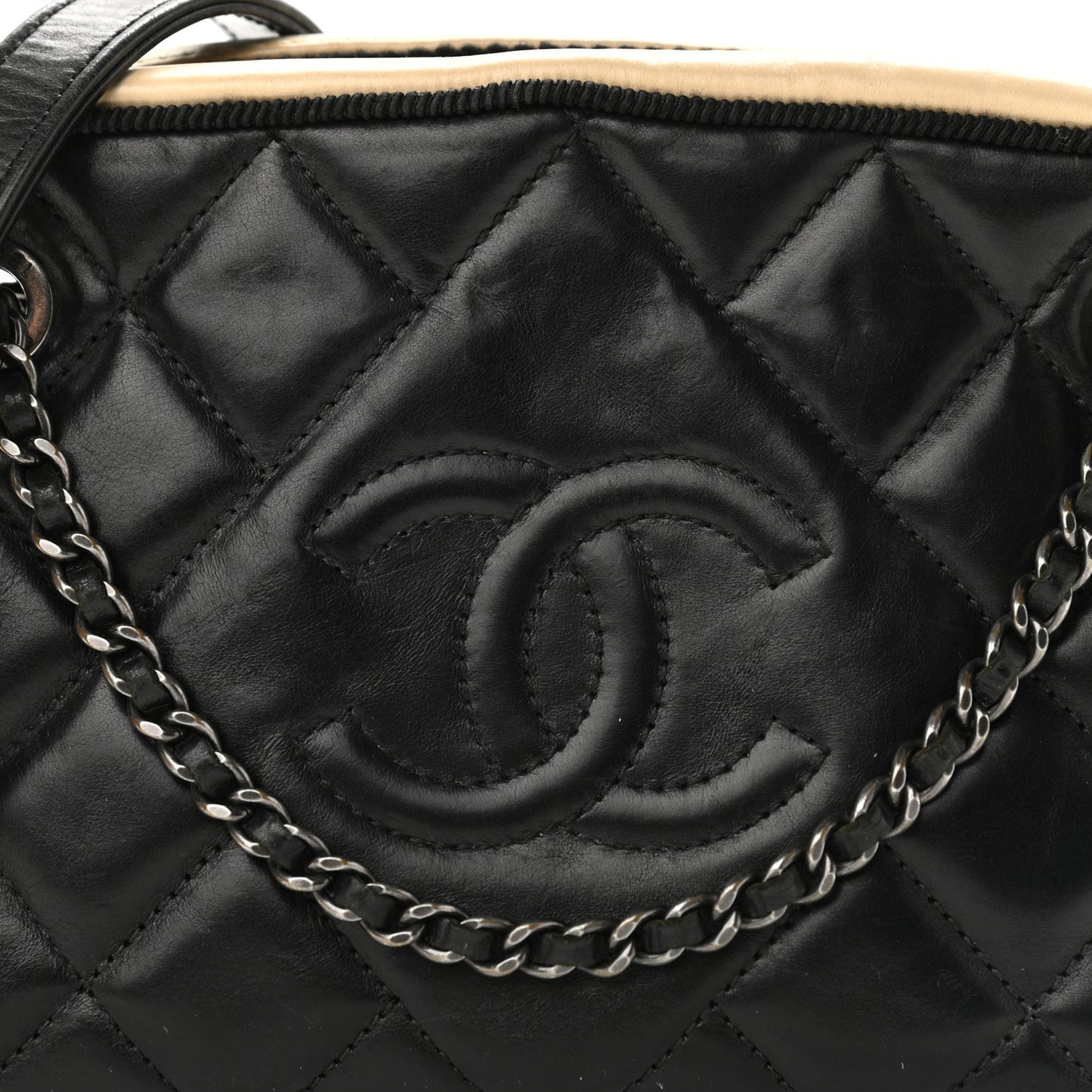 Calfskin Quilted Small Ballerine Camera Case Black Beige