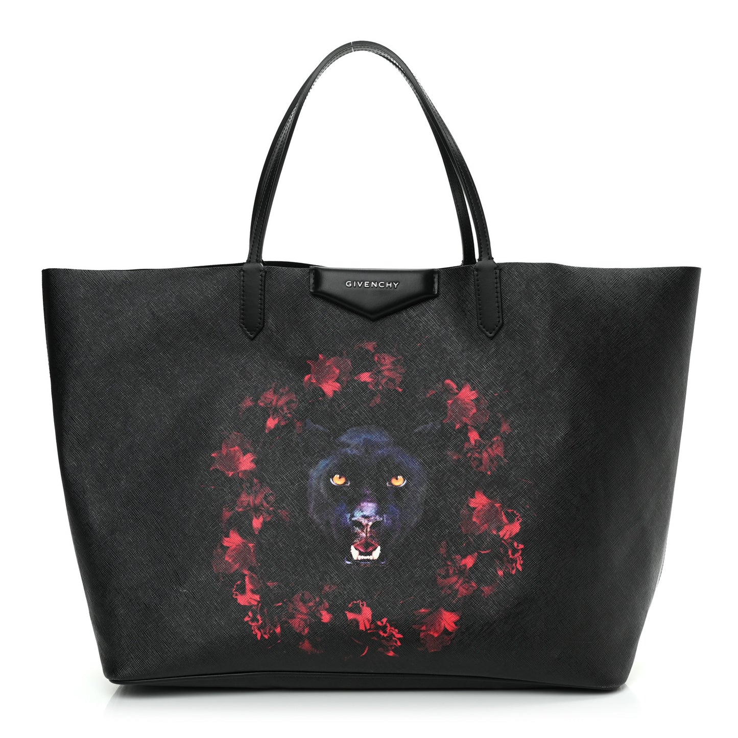 Textured Coated Canvas Panther Print Large Antigona Tote Black