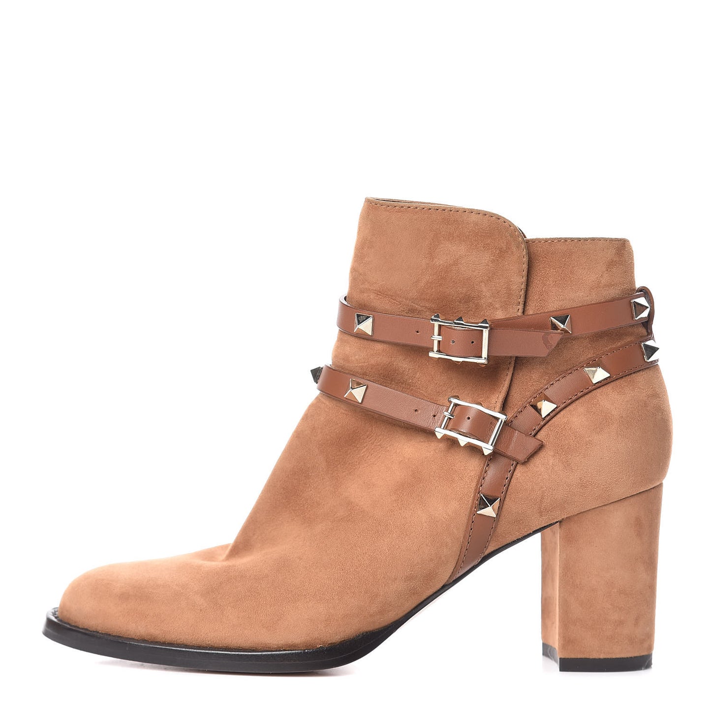 Suede Rockstud Double Buckle 70mm Block Heel Ankle Boots 38.5 Tobacco