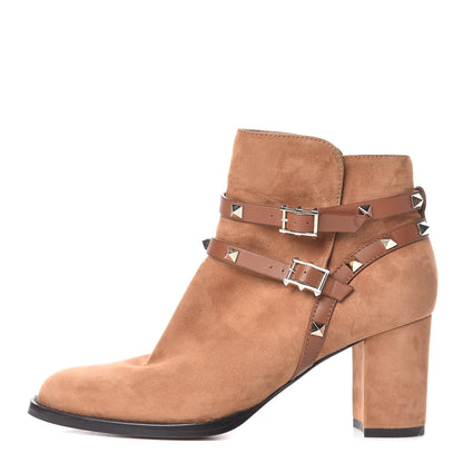 Valentino Garavani Suede Rockstud Double Buckle 70mm Block Heel Ankle Boots 38.5 Tobacco 1 of 12