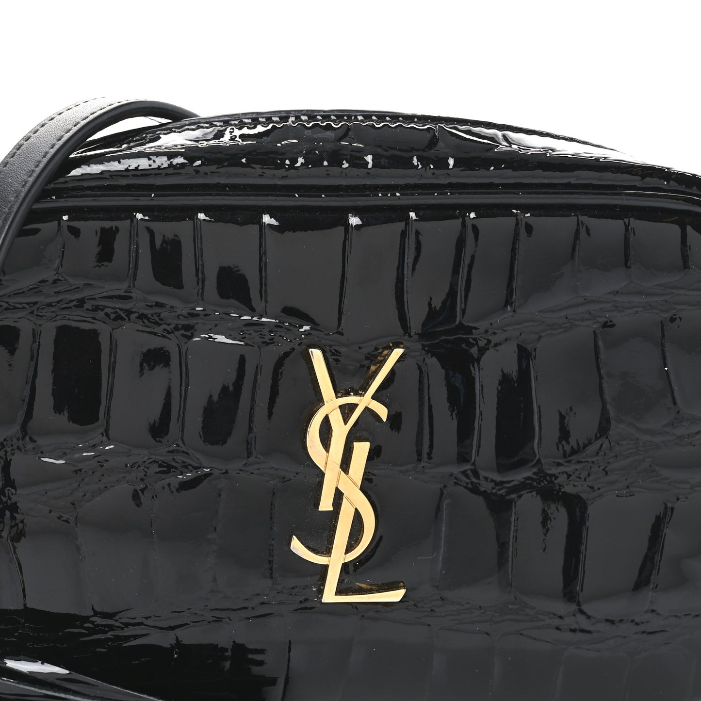 Patent Calfskin Crocodile Embossed Monogram Mini Lou Camera Bag Black