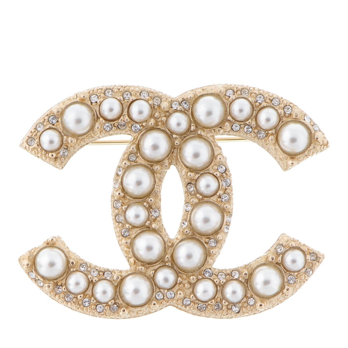Metal Crystal Graduated Pearl CC Brooch Gold