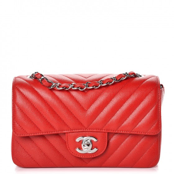 Caviar Chevron Quilted Mini Rectangular Flap Red
