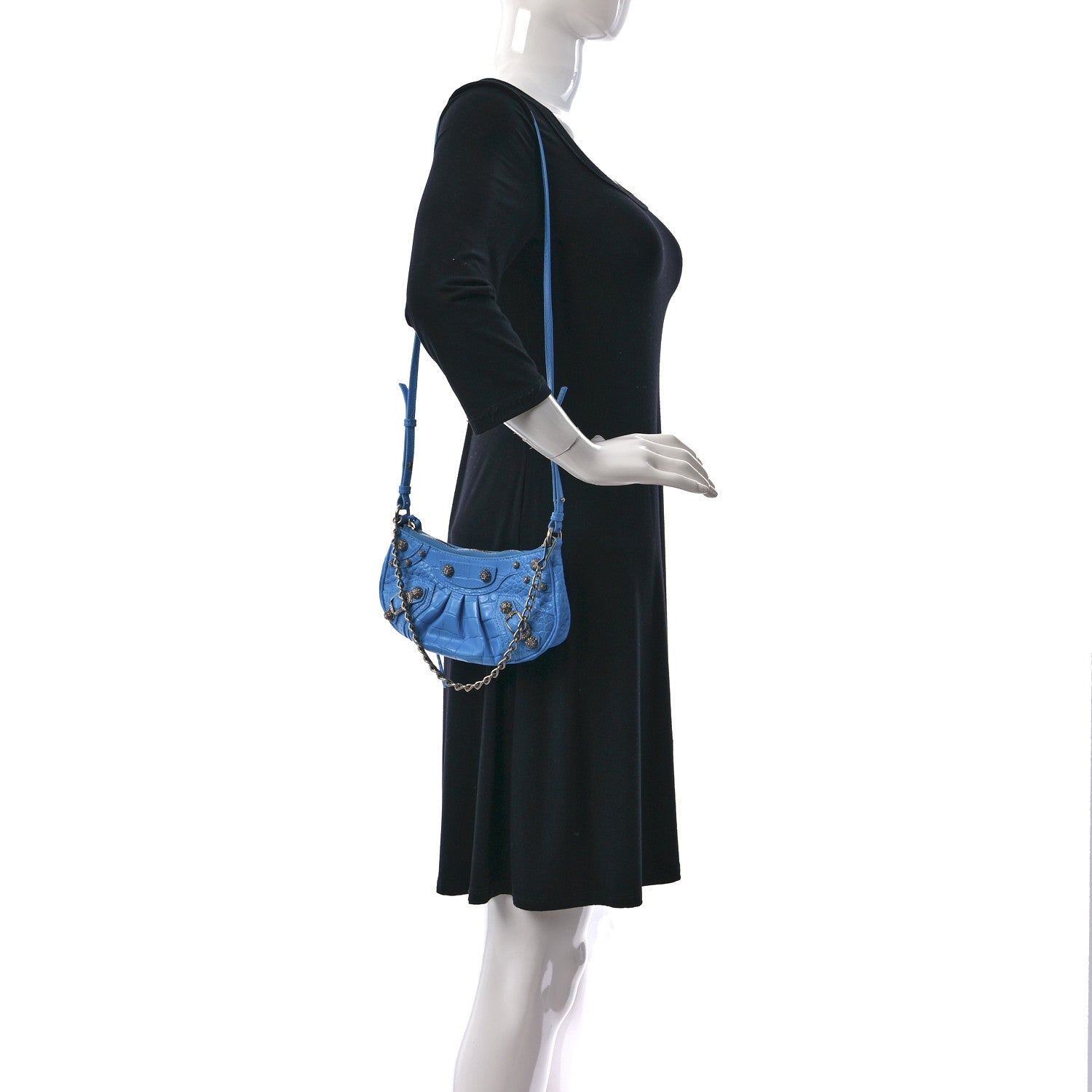 Balenciaga Extra Supple Calfskin Crocodile Embossed Crystal Mini Le Cagole Purse With Chain Cyan 2 of 9