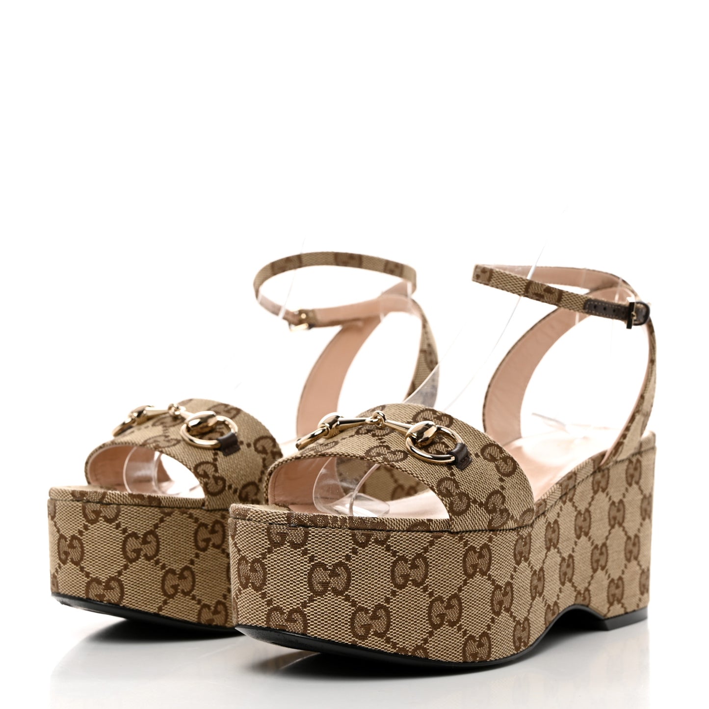 Monogram Nappa Chalotte Horsebit Ankle Strap 75mm Flatform Sandals 37.5 Beige Ebony