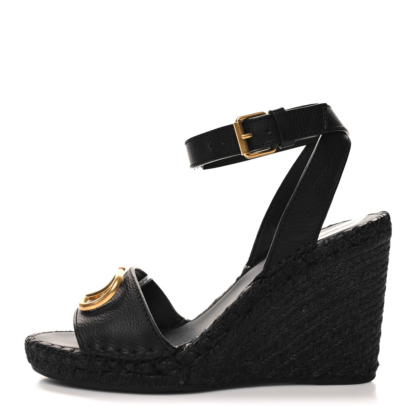 Grainy Cowhide VLogo Ankle Wrap Espadrille Wedge Sandals 40 Black