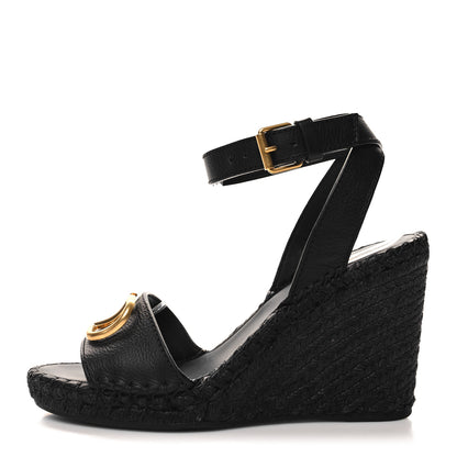 Valentino Garavani Grainy Cowhide VLogo Ankle Wrap Espadrille Wedge Sandals 40 Black 1 of 9