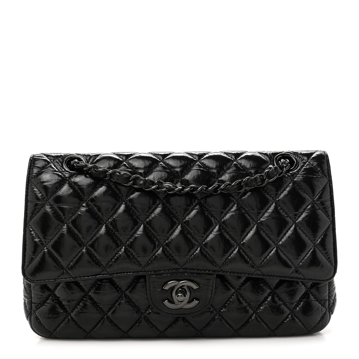 Chanel Shiny Crumpled Calfskin Quilted Medium Double Flap So Black 1 of 11