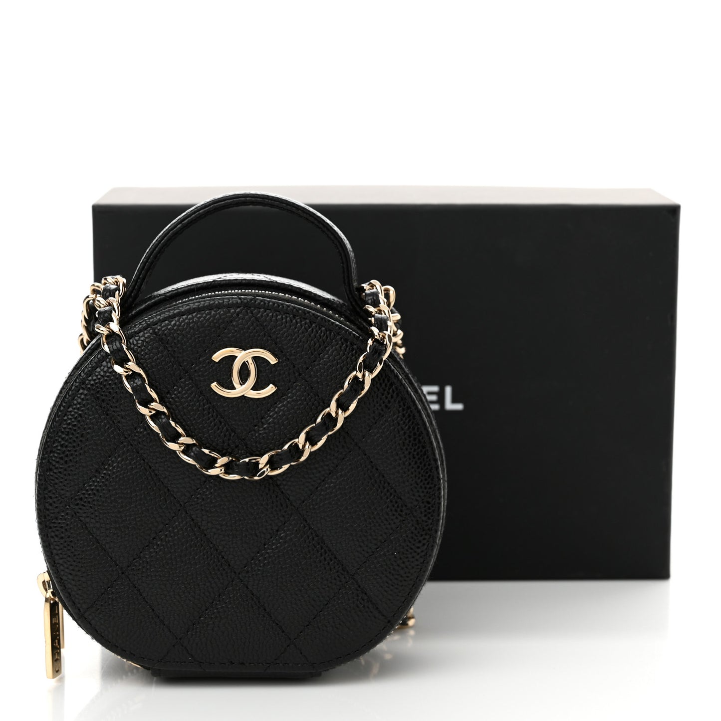 Caviar Quilted Round Handle With Care Vanity With Chain Black