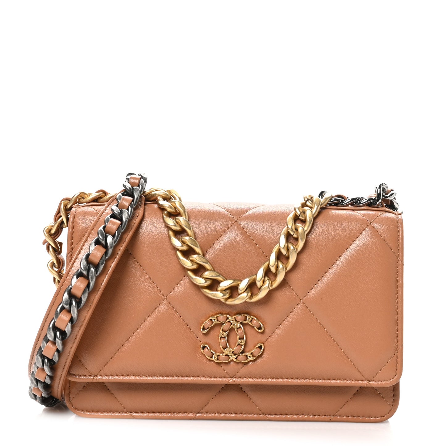 Lambskin Quilted Chanel 19 Wallet On Chain WOC Brown