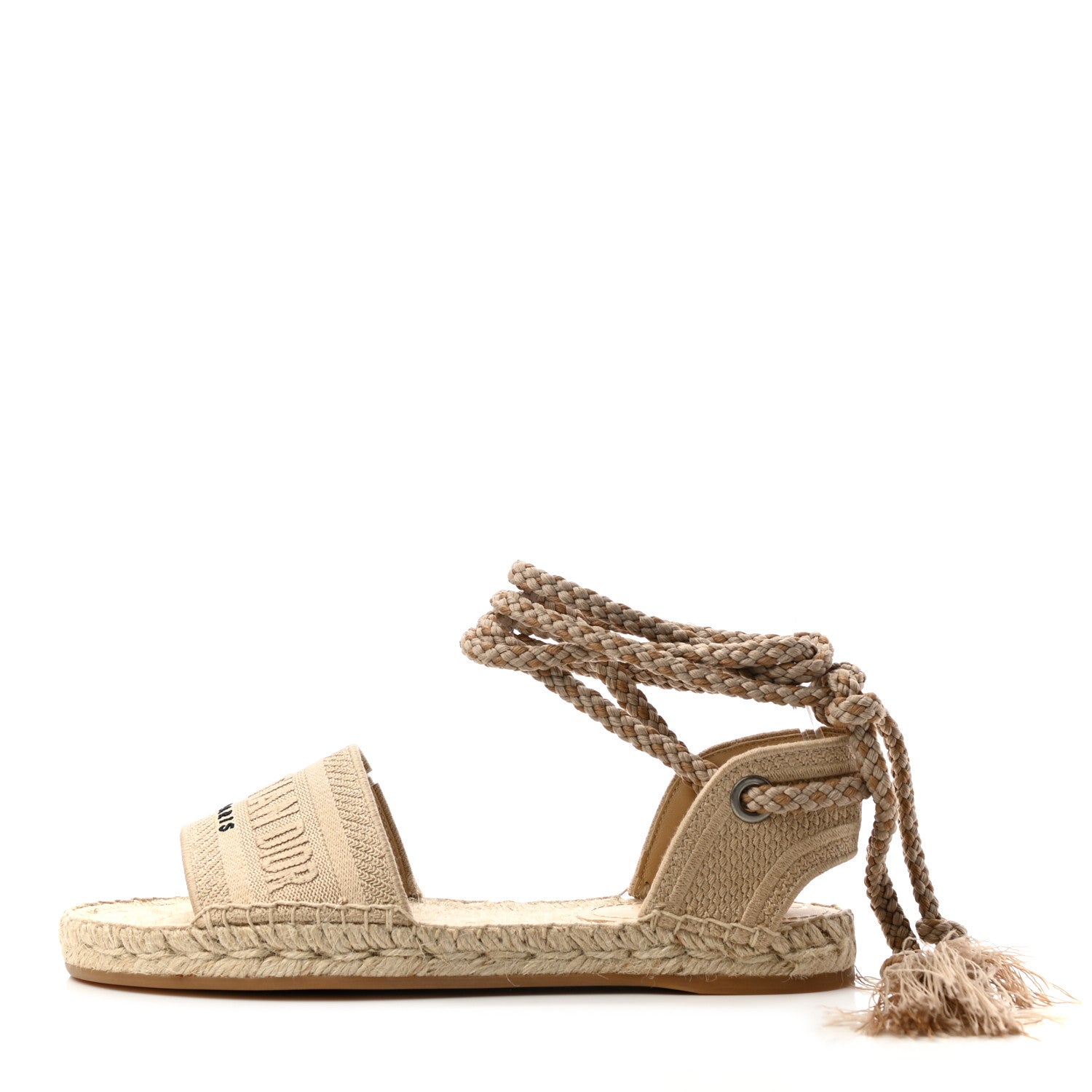 Christian Dior Canvas Embroidered Granville Ankle Tie Espadrille Flat Sandals 38.5 Cream 1 of 8