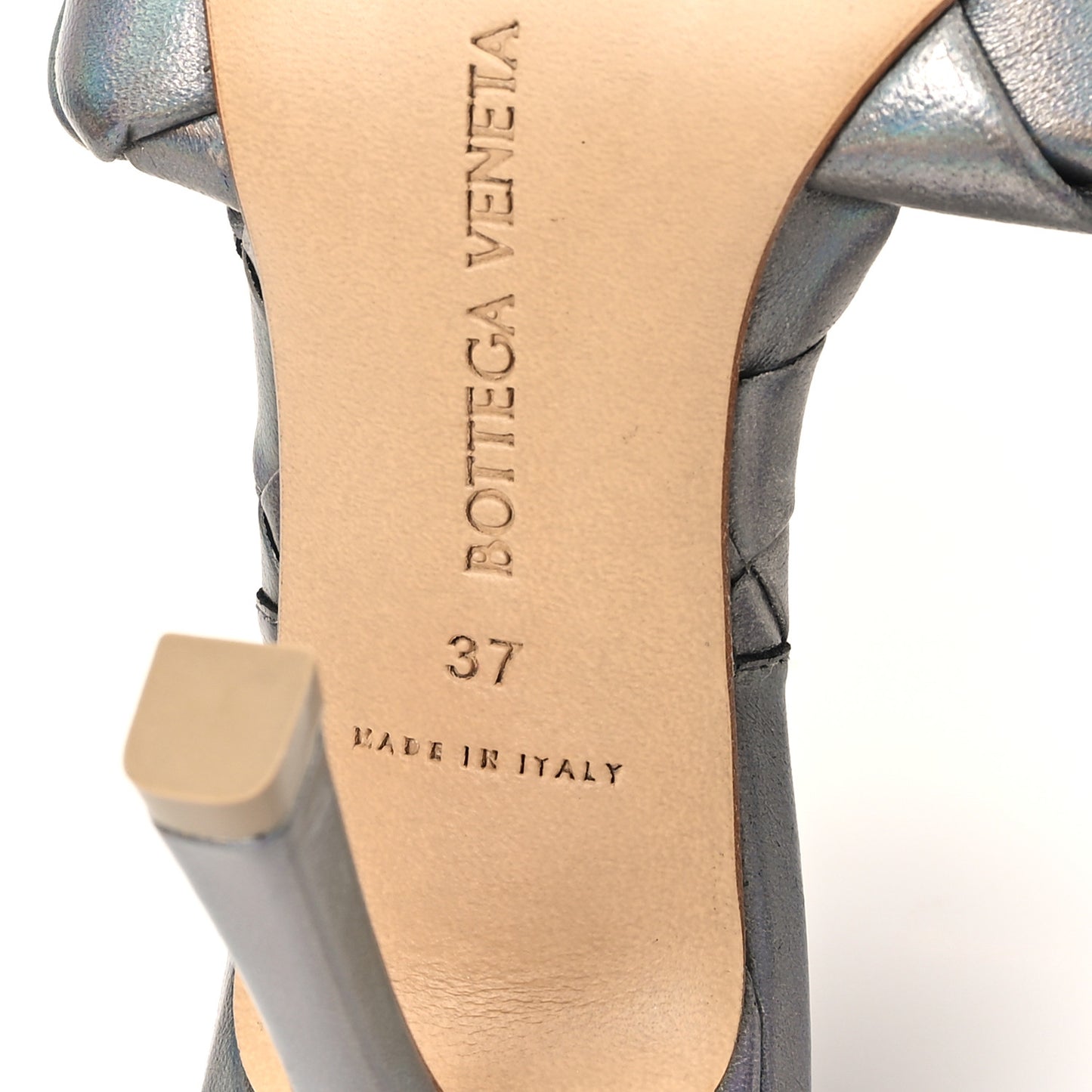 Laser Nappa Maxi Intrecciato Lido 90mm Mule Sandals 37 Oyster