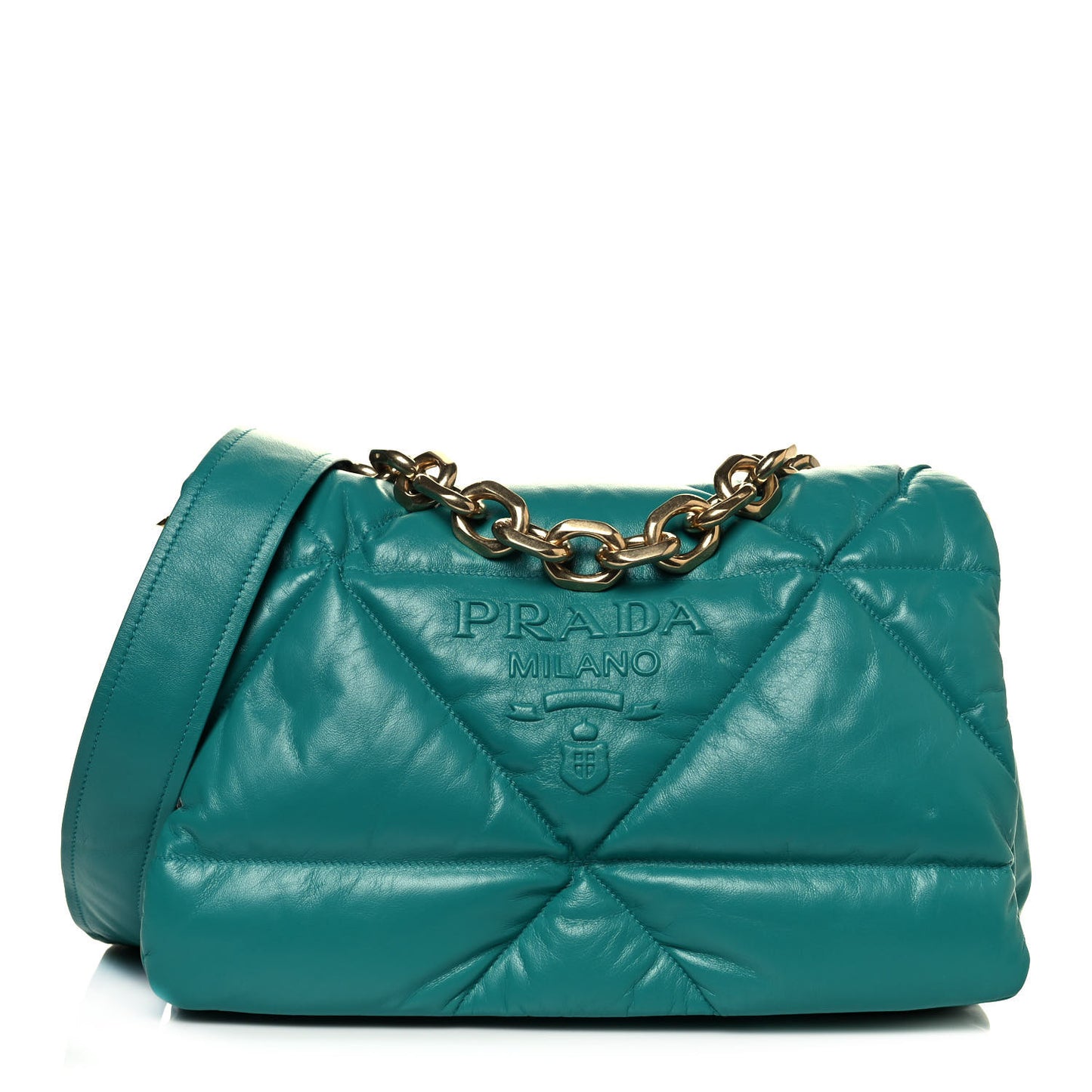 Nappa Soft Padded Logo Embossed Triangle Quilted Shoulder Bag Pavone