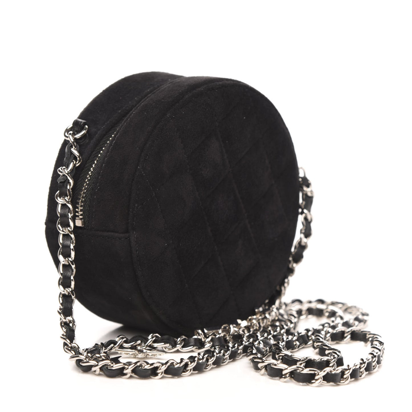 Suede Quilted Crystal Round Clutch With Logo Chain Black