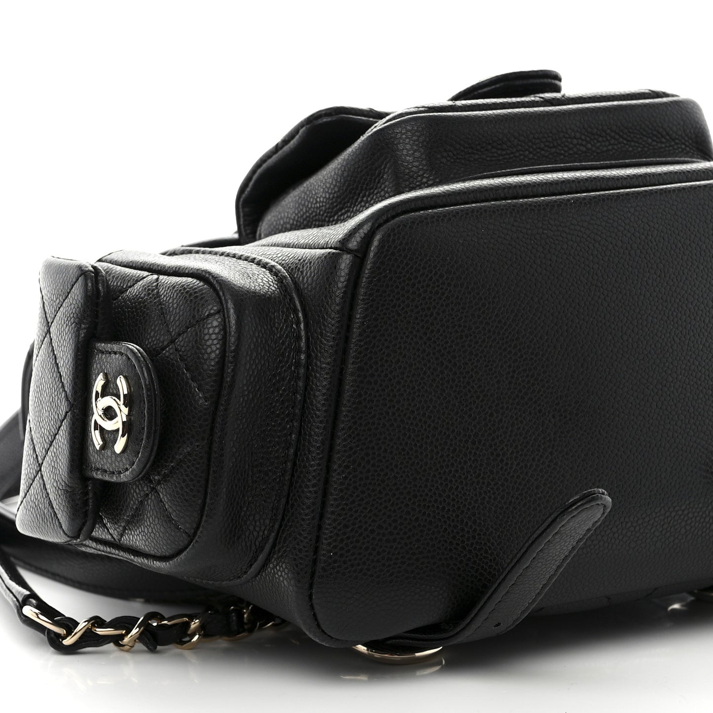 Shiny Caviar Quilted Small Pockets Drawstring Backpack Black