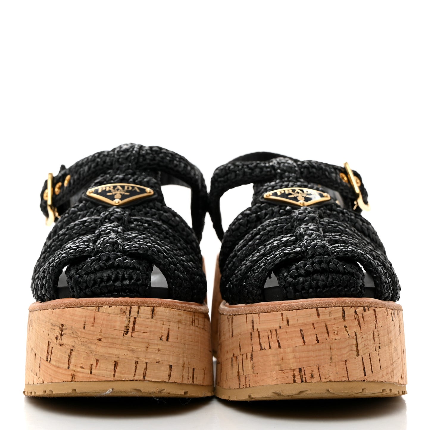 Raffia Cork Metal Triangle Logo Crochet Fisherman Platform 75mm Sandals 38 Black