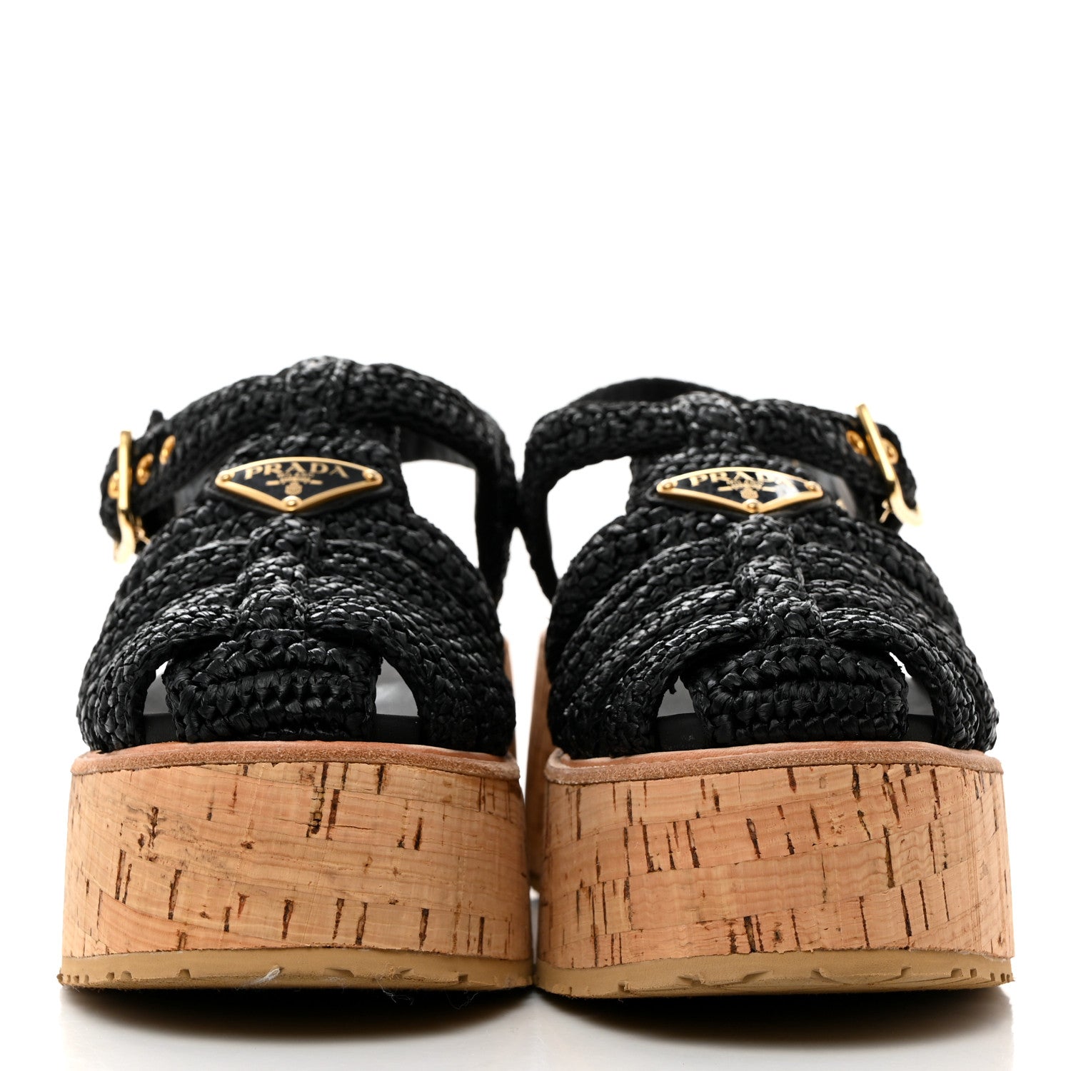 Prada Raffia Cork Metal Triangle Logo Crochet Fisherman Platform 75mm Sandals 38 Black 2 of 9