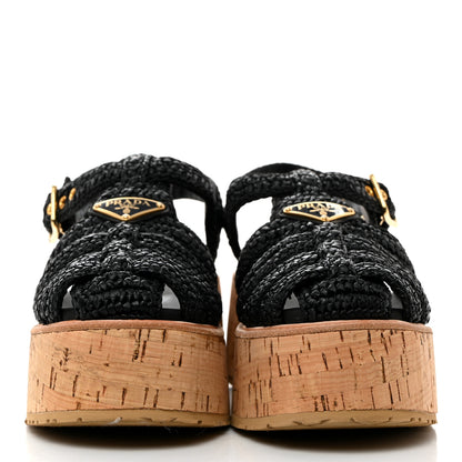Prada Raffia Cork Metal Triangle Logo Crochet Fisherman Platform 75mm Sandals 38 Black 2 of 9