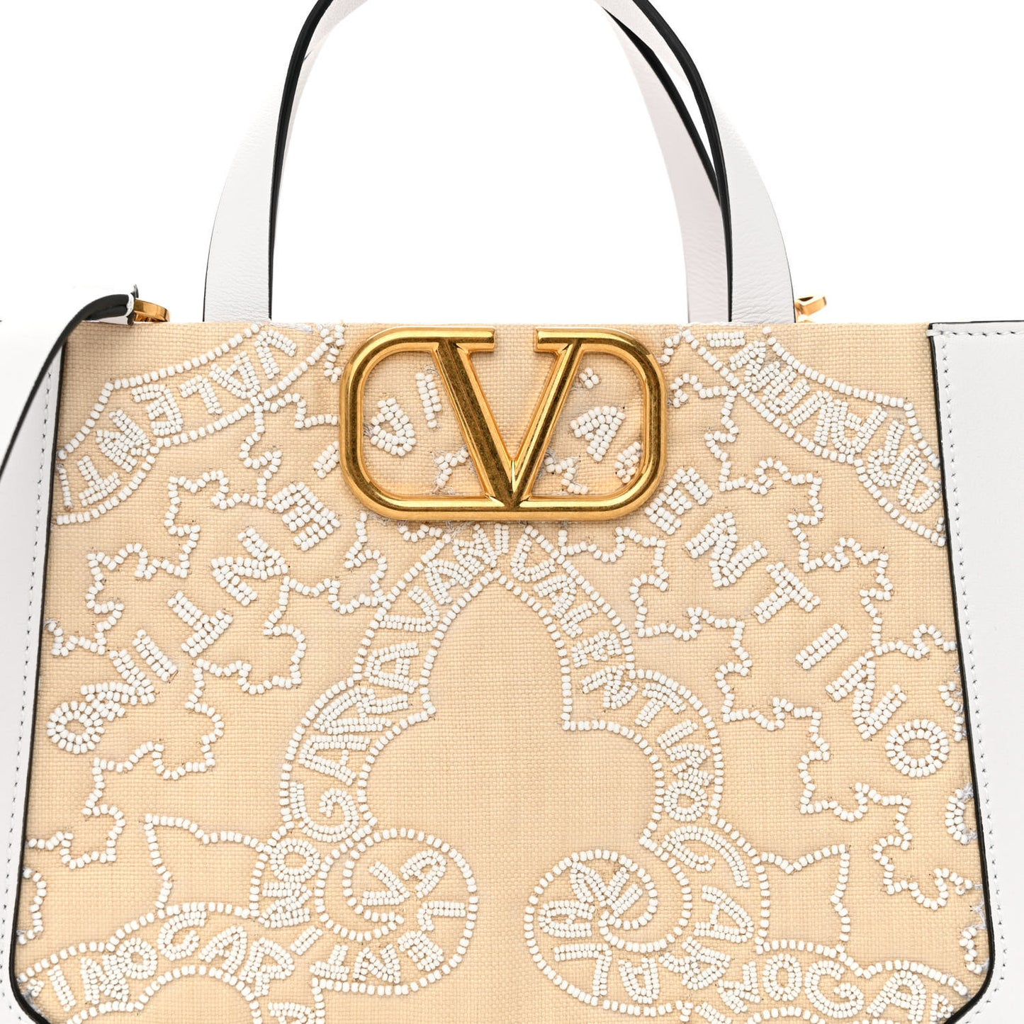 Canvas Calfskin Embellished Small Vlogo Signature Tote White Natural