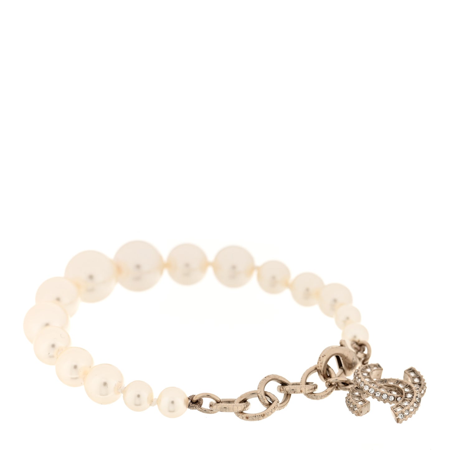Crystal Graduated Pearl CC Bracelet Silver
