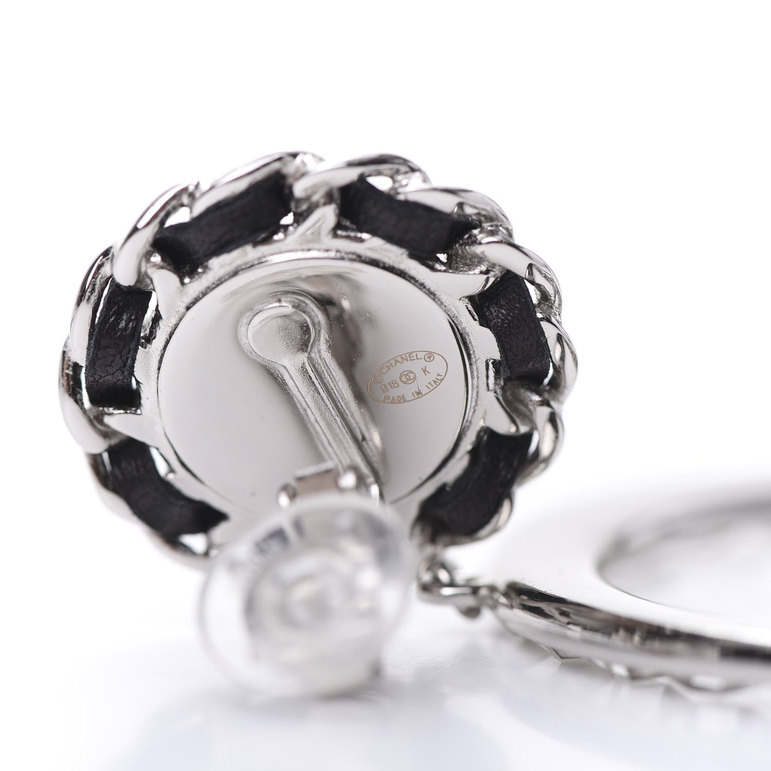 Chanel Crystal Lambskin Chain CC Hoop Clip On Earrings Black Silver 4 of 5