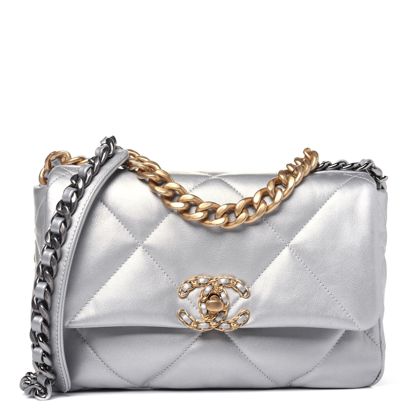 Metallic Goatskin Quilted Medium Chanel 19 Flap Silver